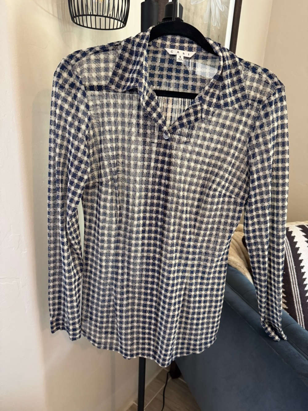 CAbi Navy and White Checked Collared Button-Front Shirt